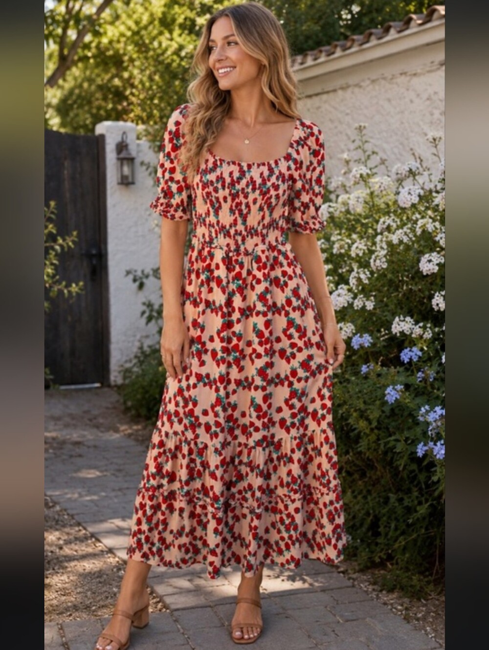 Betsey Johnson Strawberry Fields Smocked Tiered Ruffle Maxi Dress Pink XS NWOT